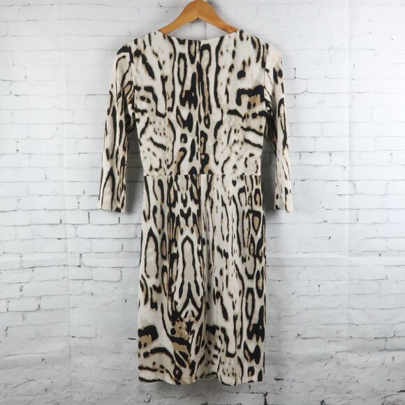 TAHARI ASL CREAM TAN & BLACK ANIMAL PRINT 3/4 SLEEVE MOCK WRAP MIDI DRESS SIZE 2 - Picture 10 of 12
